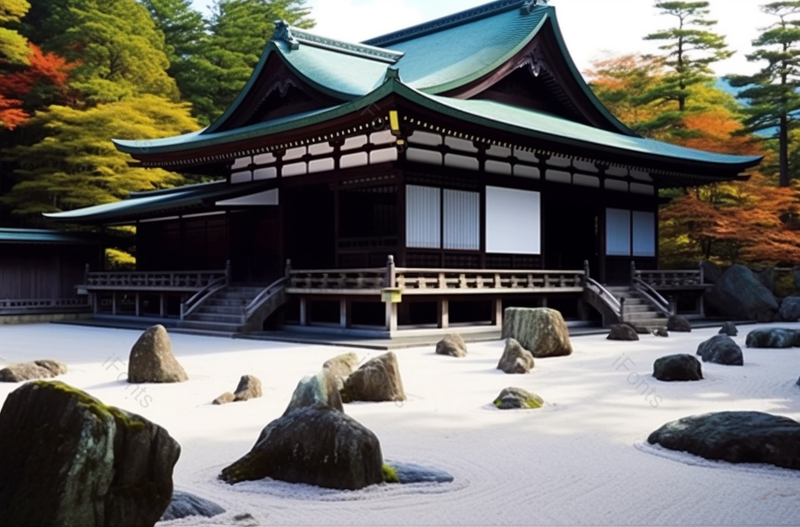 白色日式和式建筑场景植物石头白沙摄影,高清,摄影图,摄影图片,图片大全,摄影图免费下载